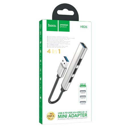 USB HUB разветвитель HOCO HB26 4 в 1 USB3.0 (m) - USB3.0 (f) + 3xUSB2.0 (f), серебристый фото