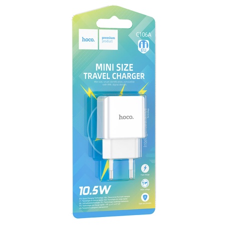 Сетевое зарядное устройство HOCO C106A 1xUSB, 2.1A, 10.5W, белый фото