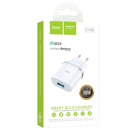 Сетевое зарядное устройство HOCO C12Q Smart 1xUSB, 3A, 18W, белый фото