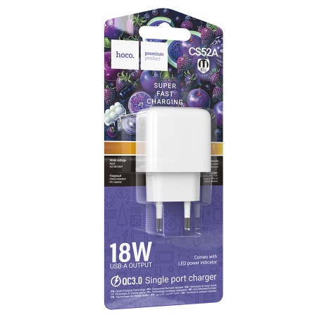 Сетевое зарядное устройство HOCO CS52A Surplus 1xUSB, 18W, белый фото