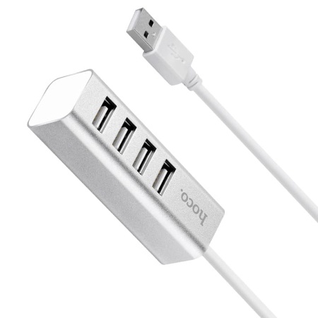 USB HUB разветвитель HOCO HB1 4 в 1 USB2.0 (m) - 4xUSB2.0 (f), 80 см, серебристый фото