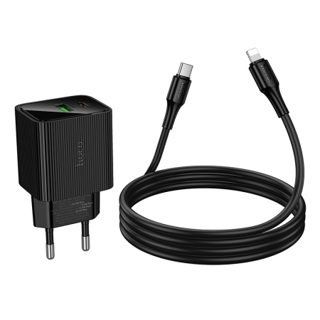 Сетевое зарядное устройство HOCO CS83A Excellent 1xUSB + 1xUSB-C с Кабелем Type-C - Lightning, 3A, 20W, черный фото
