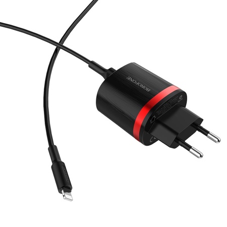 Сетевое зарядное устройство BOROFONE BA7A FlashPlug 2xUSB с Кабелем USB - Lightning, 2.4A, 10.8W, черный фото