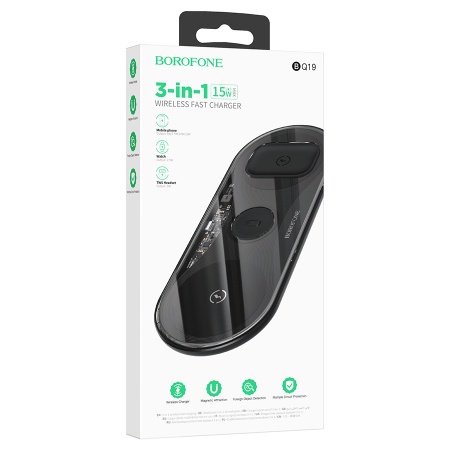 Беспроводное зарядное устройство BOROFONE BQ19 Powerful 3-in-1 для iPhone+Airpods+Apple Watch, 3A, 5W/7.5W/10W/15W, черный фото