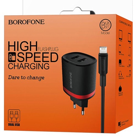 Сетевое зарядное устройство BOROFONE BA7A FlashPlug 2xUSB с Кабелем USB - Lightning, 2.4A, 10.8W, черный фото