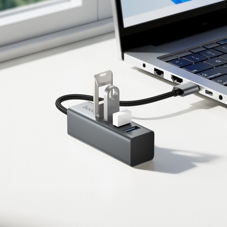 USB HUB разветвитель HOCO HB1B 4 в 1 USB (m) - 4xUSB3.0 (f), 1 м, серый металлик фото