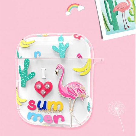 Чехол пластиковый Kingxbar со шнурком для Airpods 2, прозрачный, фламинго1 (6) фото