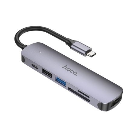 USB HUB разветвитель HOCO HB28 6 в 1 Type-C (m) - USB3.0 + USB2.0 + Type-C PD + HDMI + SD/TF, 14 см, серый металлик фото