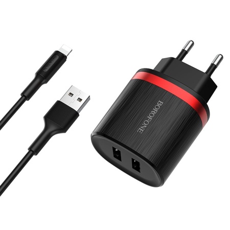 Сетевое зарядное устройство BOROFONE BA7A FlashPlug 2xUSB с Кабелем USB - Lightning, 2.4A, 10.8W, черный фото