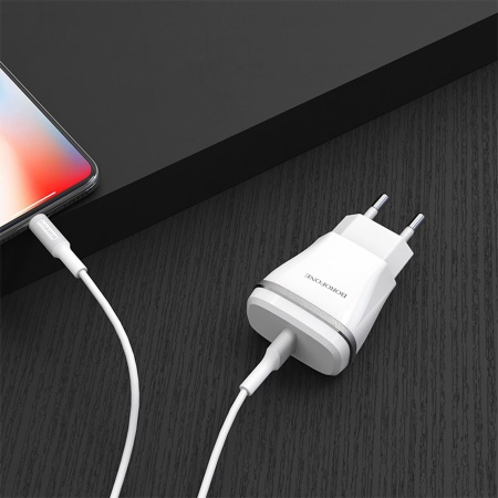 Сетевое зарядное устройство BOROFONE BA1A Joyplug 1xUSB с Кабелем USB - Lightning, 1A, белый фото