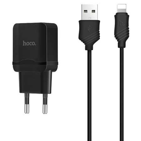 Сетевое зарядное устройство HOCO C22A Little 1xUSB с Кабелем USB - Lightning, 2.4A, 10.8W, черный фото
