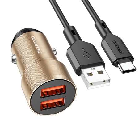 Автомобильное зарядное устройство BOROFONE BZ19 Wisdom, 2xUSB с Кабелем USB - Type-C, 2.4A, 12W, золотой фото