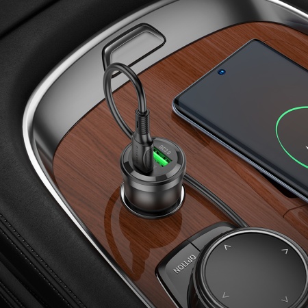 Автомобильное зарядное устройство BOROFONE BZ25 Journey, 1xUSB + 1xUSB-C с Кабелем Type-C - Type-C, 38W, прозрачный черный фото