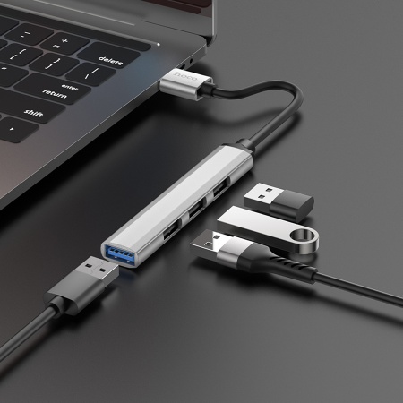USB HUB разветвитель HOCO HB26 4 в 1 USB3.0 (m) - USB3.0 (f) + 3xUSB2.0 (f), серебристый фото