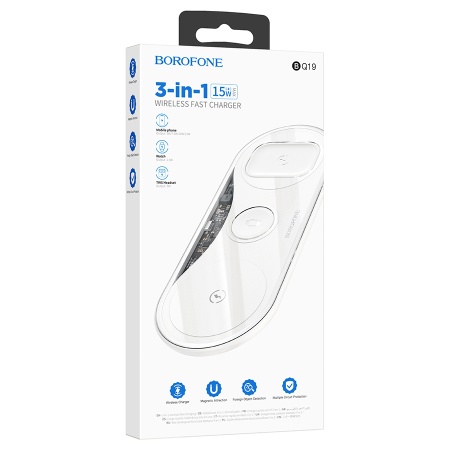 Беспроводное зарядное устройство BOROFONE BQ19 Powerful 3-in-1 для iPhone+Airpods+Apple Watch, 3A, 5W/7.5W/10W/15W, белый фото