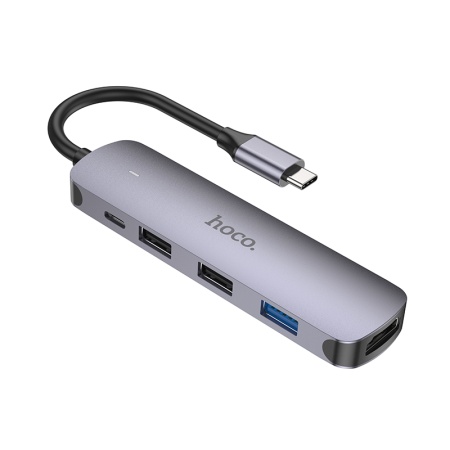 USB HUB разветвитель HOCO HB27 5 в 1 Type-C (m) - USB3.0 + 2xUSB2.0 + Type-C PD + HDMI, 14 см, серый металлик фото