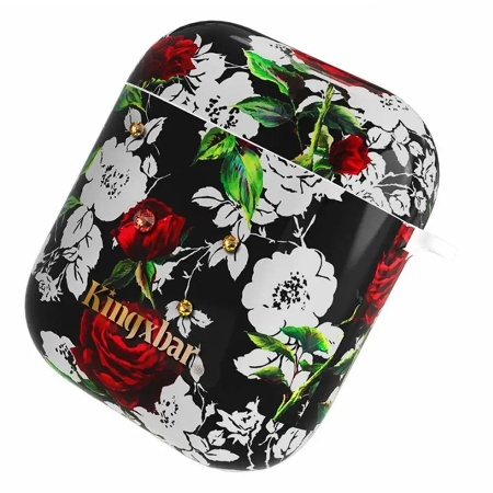 Чехол пластиковый Kingxbar со шнурком для Airpods 2, черный, розы (22) фото