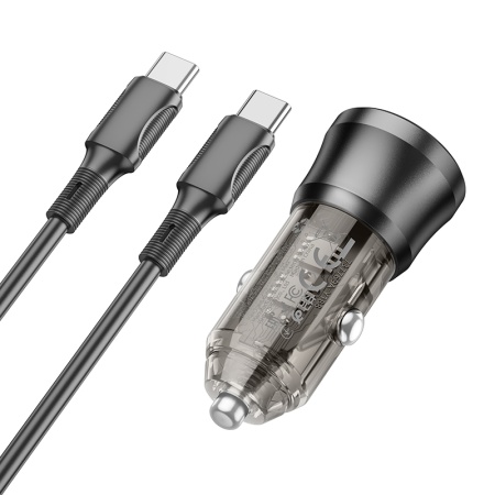 Автомобильное зарядное устройство BOROFONE BZ25 Journey, 1xUSB + 1xUSB-C с Кабелем Type-C - Type-C, 38W, прозрачный черный фото