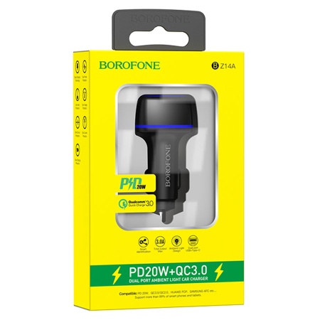 Автомобильное зарядное устройство BOROFONE BZ14A Mercury, 1xUSB + 1xUSB-C, 3A, 20W, черный фото