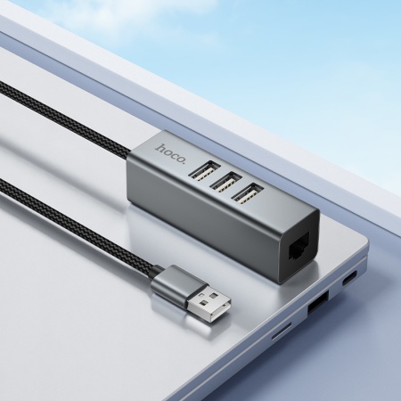 USB HUB разветвитель HOCO HB1D 4 в 1 USB (m) - 3xUSB2.0 (f) + RJ45 (f), 1 м, серый металлик фото