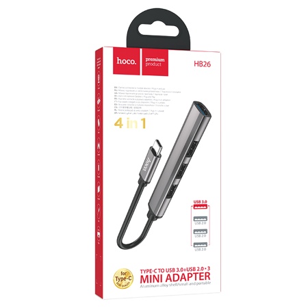 USB HUB разветвитель HOCO HB26 4 в 1 Type-C (m) - USB3.0 (f) + 3xUSB2.0 (f), серый металлик фото