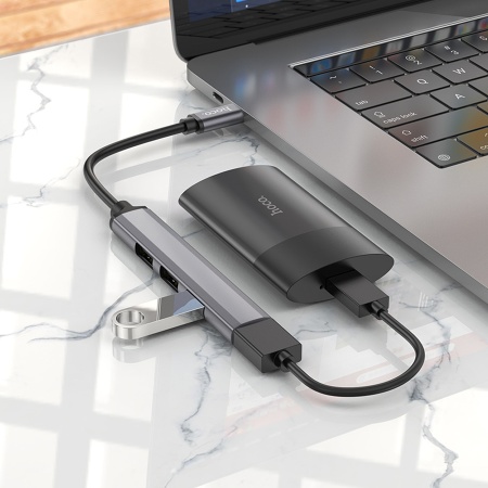 USB HUB разветвитель HOCO HB26 4 в 1 Type-C (m) - USB3.0 (f) + 3xUSB2.0 (f), серый металлик фото