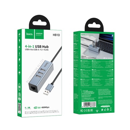 USB HUB разветвитель HOCO HB1D 4 в 1 USB (m) - 3xUSB2.0 (f) + RJ45 (f), 1 м, серый металлик фото