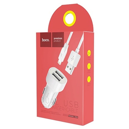 Автомобильное зарядное устройство HOCO Z2A, 2xUSB с Кабелем USB - Lightning, 2.4A, белый фото