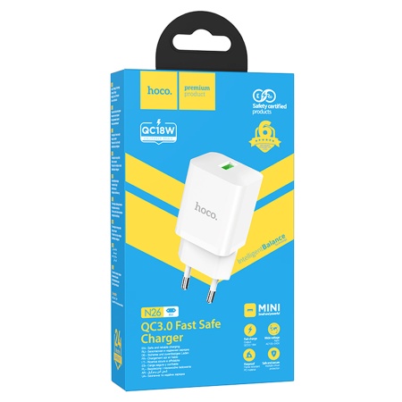 Сетевое зарядное устройство HOCO N26 Maxim 1xUSB, 3.0A, 18W, белый фото