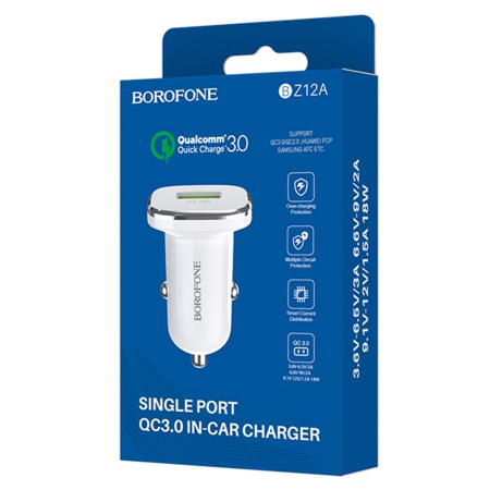 Автомобильное зарядное устройство BOROFONE BZ12A Lasting, 1xUSB, 3A, 18W, белый фото
