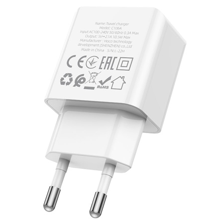 Сетевое зарядное устройство HOCO C106A 1xUSB, 2.1A, 10.5W, белый фото