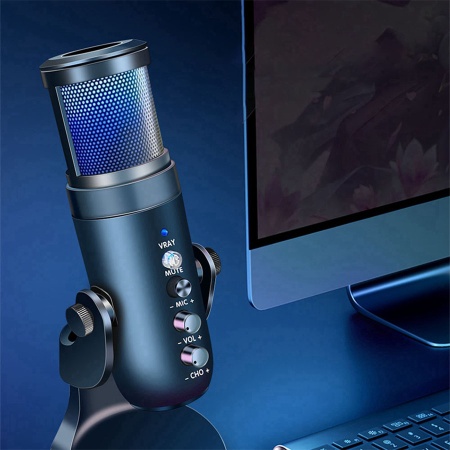 Микрофон универсальный кардиоидный JMARY MC-PW9 RGB, USB/Type-C+Jack 3.5 mm, 1.8 м, черный фото