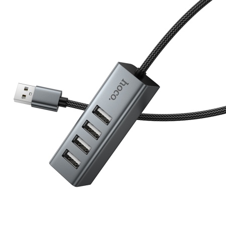 USB HUB разветвитель HOCO HB1A 4 в 1 USB (m) - 4xUSB2.0 (f), 1 м, серый металлик фото