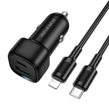 Автомобильное зарядное устройство BOROFONE BZ34B Cloud, 1xUSB + 1xUSB-C с Кабелем Type-C - Lightning, 38W, черный фото