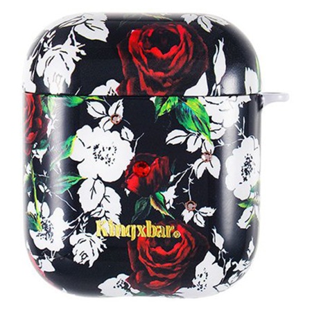 Чехол пластиковый Kingxbar со шнурком для Airpods 2, черный, розы (22) фото