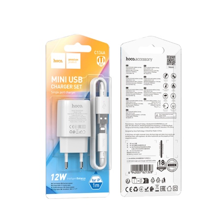 Сетевое зарядное устройство HOCO C134A Solid 1xUSB с Кабелем USB - Lightning, 2.4A, белый фото