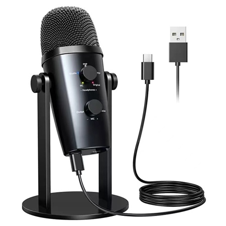 Микрофон универсальный кардиоидный JMARY MC-PW10, Type-C+Bluetooth+AUX, 1.8 м, черный фото
