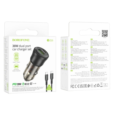 Автомобильное зарядное устройство BOROFONE BZ25 Journey, 1xUSB + 1xUSB-C с Кабелем Type-C - Type-C, 38W, прозрачный черный фото