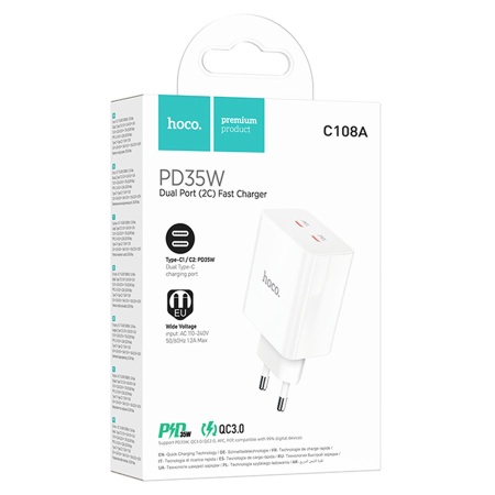 Сетевое зарядное устройство HOCO C108A Leader 2xUSB-C, 3.0A, 35W, белый фото