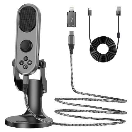 Микрофон универсальный кардиоидный JMARY MC-PW7, Type-C+Lightning+Jack 3.5mm, 1.8 м, черный фото