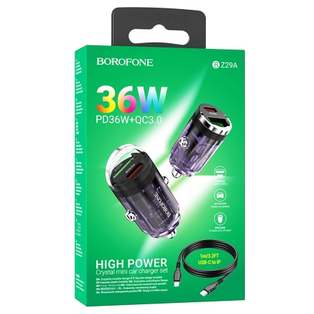 Автомобильное зарядное устройство BOROFONE BZ29A Talented, 1xUSB + 1xUSB-C с Кабелем Type-C - Lightning, 3A, 36W, фиолетовый фото