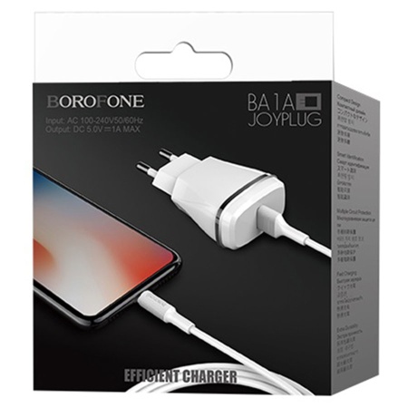 Сетевое зарядное устройство BOROFONE BA1A Joyplug 1xUSB с Кабелем USB - Lightning, 1A, белый фото