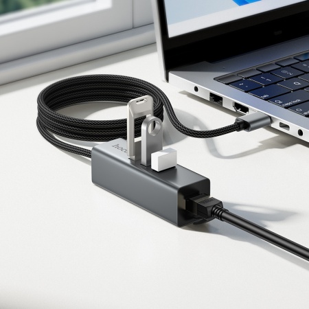 USB HUB разветвитель HOCO HB1D 4 в 1 USB (m) - 3xUSB2.0 (f) + RJ45 (f), 1 м, серый металлик фото