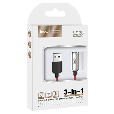 Переходник/Адаптер HOCO LS28 2 в 1 USB (m) - Lightning (m) / Lightning (f), серебристый фото