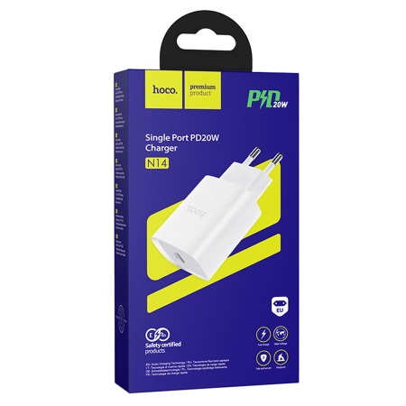 Сетевое зарядное устройство HOCO N14 Smart 1xUSB-C, 3.0A, 20W, белый фото
