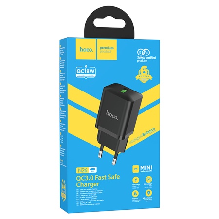 Сетевое зарядное устройство HOCO N26 Maxim 1xUSB, 3.0A, 18W, черный фото