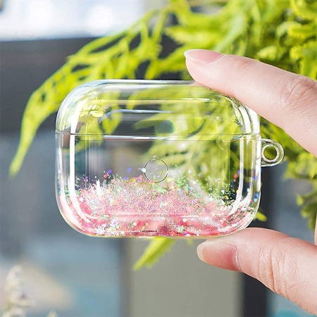 Чехол пластиковый Kingxbar со шнурком для Airpods Pro, прозрачный, розовые блестки (25) фото