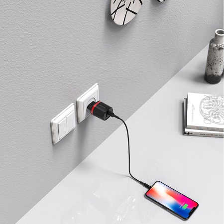 Сетевое зарядное устройство BOROFONE BA7A FlashPlug 2xUSB с Кабелем USB - Lightning, 2.4A, 10.8W, черный фото