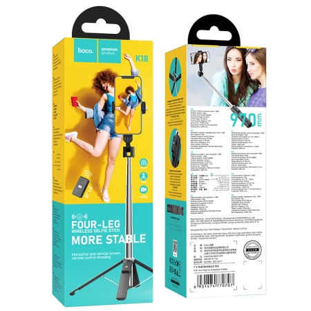 Селфи-палка монопод/трипод HOCO K18 Wave, встроенный аккумулятор, 57-90мм, черный фото