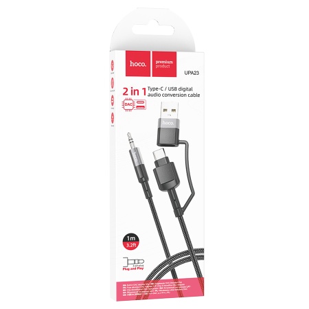 Аудиокабель HOCO UPA23 AUX Jack 3,5 (m) - USB (m) / Type-C (m), 1 м, серый металлик фото